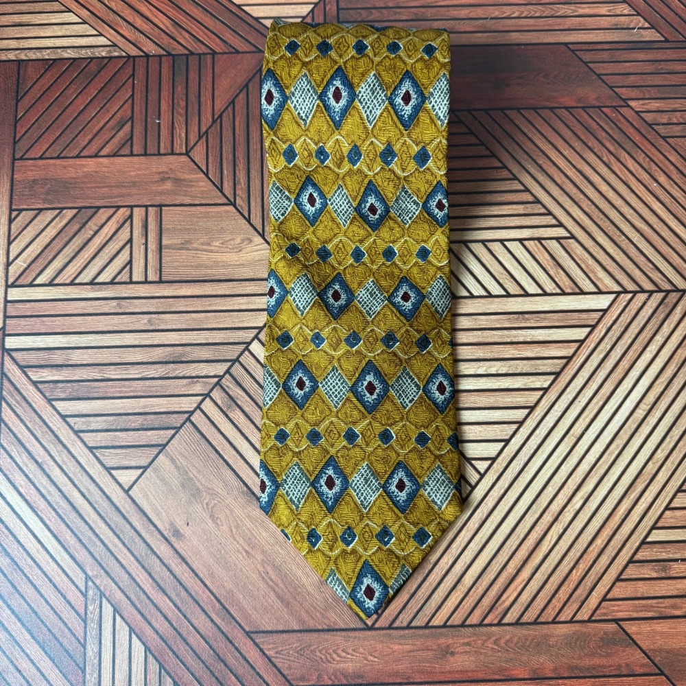 Ferrell Reed Nordstrom Vintage 90s Yellow Geometric Silk Tie Retro Mustard Blue